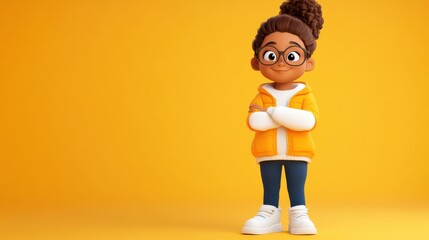 A young animated girl with a bright yellow jacket, curly hair, and glasses stands with arms crossed, showcasing a relaxed and approachable demeanor.
