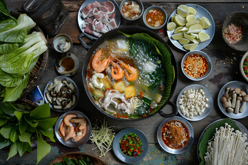 Family-style Thai hot pot (Mookata) feast with a communal pot at the center of the table, rich in flavors