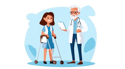 A cartoon illustration of a doctor aiding a female patient using a walker in a clinical setting, highlighting health care services and supportive environment.