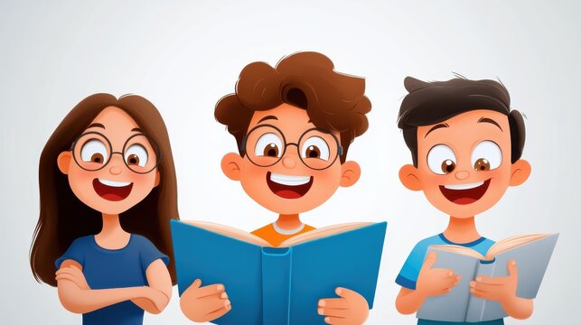 Three cheerful young friends share reading time, each holding a book and enjoying the stories they dive into, emphasizing friendship and love for reading.