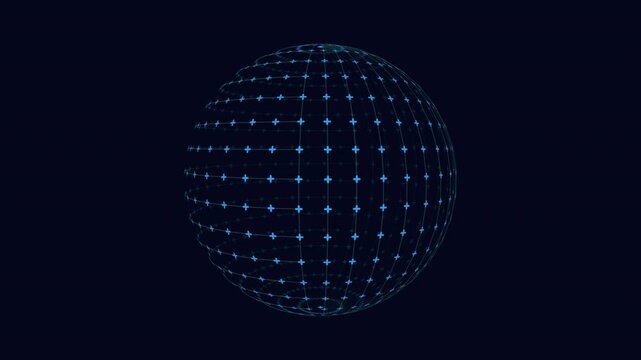 A digital artwork presenting a 3D sphere composed of blue dots against a black backdrop. The dots form a structured pattern, showcasing the artists mastery of computer-generated imagery