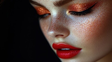 Fototapeta premium A close-up 3D shot of a woman face with perfectly blended eyeshadow, bold eyeliner, and red lipstick, highlighting the smooth texture of the makeup.