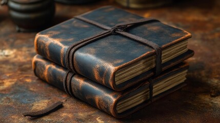 Vintage leather journals wrapped in cord on a rustic background ideal for antique stationary mockups branding or historical-themed projects. Generative AI
