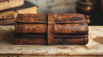 Vintage leather journal mockup featuring rustic brown tones and a handcrafted strap closure perfect for stationery branding or antique-themed design projects.. Generative AI