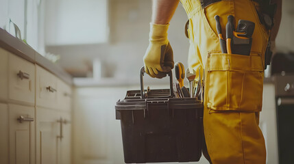 Handyman holding a toolbox in a kitchen, repairman, contractor, worker, maintenance, tools