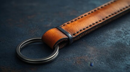 Premium leather keyring mockup on a dark background for accessory and leather goods branding showcasing craftsmanship and style in a detailed product shot.. Generative AI
