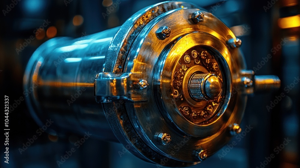 Poster close-up of a metallic industrial component with a circular gear system and bolts