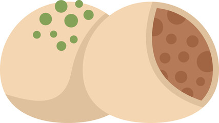 This vector illustration shows two pieces of daifuku mochi, one of them is cut open revealing the sweet bean paste filling