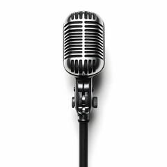 Fototapeta premium Vintage Microphone on White Background, retro microphone, silver microphone, old microphone, microphone stand, music microphone