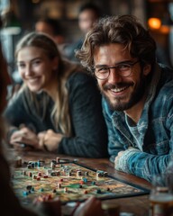 Fototapeta premium A group of friends playing board games indoors. Featuring a cozy room and happy expressions. Showcasing leisure and bonding. Ideal for lifestyle blogs.