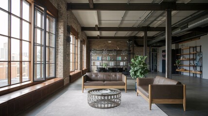 Industrial Loft Living Room A modern loft living room with exposed brick walls, large windows, and a comfortable seating area.