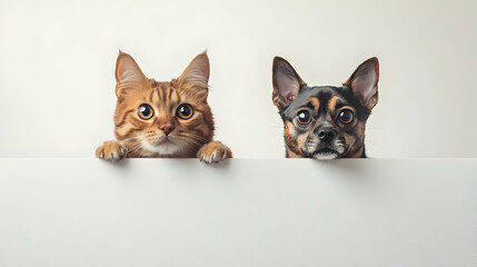 Fototapeta premium Cat and dog looking over a white sign, pet, pets, animal, animals, kitten