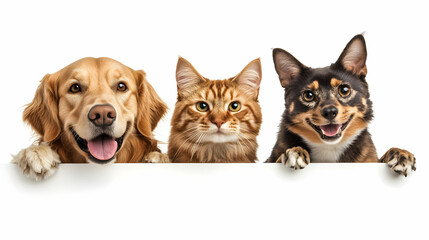 Fototapeta premium Golden Retriever, Cat and Dog Peeking Over Sign, puppy, kitten, pets, animals, pet portrait