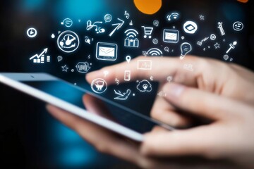 A user holding a tablet with a range of colorful icons floating above, representing diverse applications and technology trends.