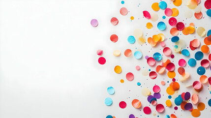 Colorful confetti on white background, celebration, party, festive, holiday, birthday