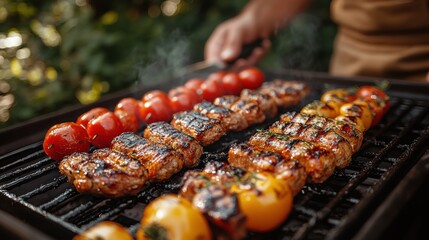 A man grilling in a backyard barbecue. Featuring friends and delicious food. Showcasing outdoor cooking and socializing. Ideal for food blogs.