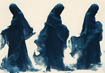Three Figures in Blue Robes, silhouette, ghost, ghostly, spirit, spiritual