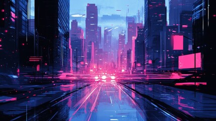 Obraz premium A Digital Painting of a City Street at Night with Neon Lights