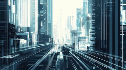 Fototapeta premium Abstract Digital Rendering of a Cityscape with Glass Buildings and Light Streaks