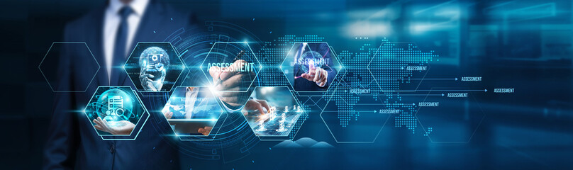 Businessman using tablet analyzing market assessment, financial performance, operational efficiency, sales growth, investment opportunities, competitive landscape, and strategic planning outcomes.