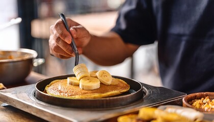 Faceless man eat Thai Banana Pancake in restaurant with bokeh background. Thai Food.
