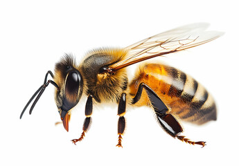 Closeup of Honey Bee Isolated on White Background, insect, macro, wings, legs, antennae