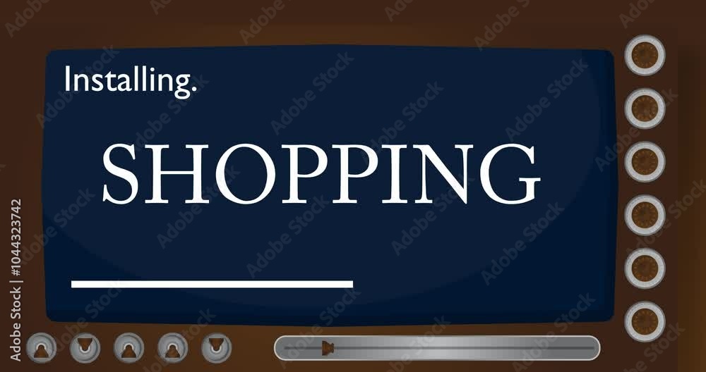 Poster cartoon computer with the word shopping. video message of a screen displaying an installation window