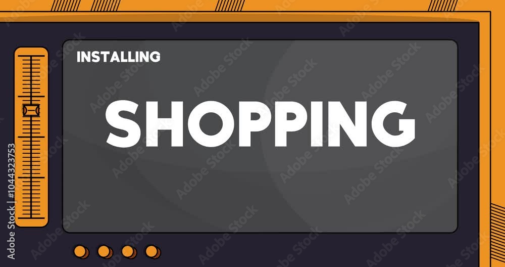 Poster cartoon computer with the word shopping. video message of a screen displaying an installation window