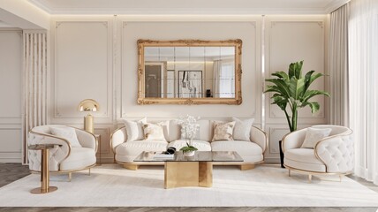 Luxury Glam Living Room A modern living room interior design with white walls, a large mirror, a white sofa, two white armchairs, a gold coffee table, and a large plant.
