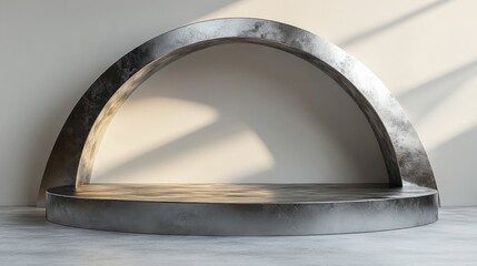 A curved metallic display stand in a brushed silver finish, placed in a white space for an elegant presentation.