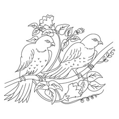 two birds on a branch with flowers
