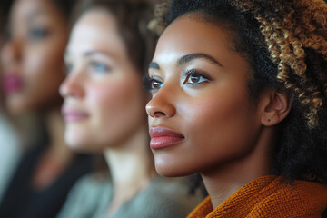 close up of A diverse group of people participating in a town hall meeting.