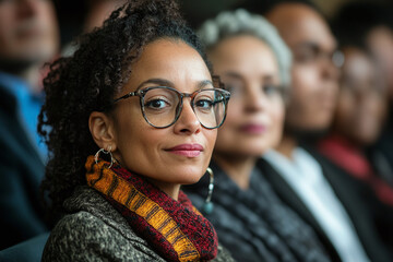 close up of A diverse group of people participating in a town hall meeting.