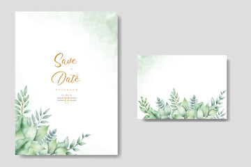 Wedding invitation card with watercolor leaves 