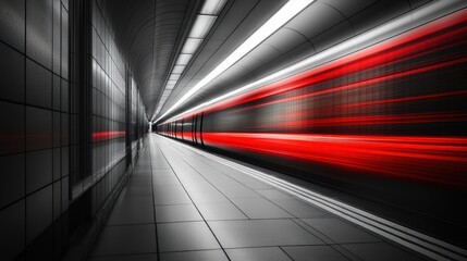 Red Blur Train in Subway Tunnel