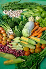 Sayur Mayur Sayuran Segar is fresh vegetables from the tropics. there are carrots, mustard greens, onions, garlic, long beans, broccoli, sweet corn, cucumbers, squash, lettuce, potatoes, leeks, celery