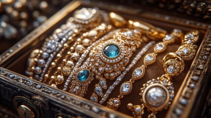A detailed 3D image of a jewelry box filled with luxurious rings, earrings, and necklaces, with the textures of gold and silver clearly visible.
