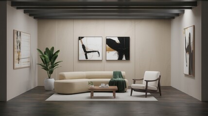 Fototapeta premium Modern Minimalist Living Room with Neutral Tones, Dark Wood Floors, and Natural Light