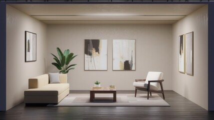 Fototapeta premium Neutral Minimalist Living Room with Modern Furniture and Contemporary Decor