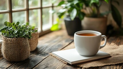 Minimalist white coffee cup mockup resting on a notebook with natural lighting perfect for product placement or lifestyle branding in cafes or offices.. Generative AI