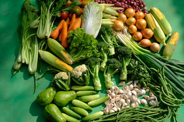Sayur Mayur Sayuran Segar is fresh vegetables from the tropics. there are carrots, mustard greens, onions, garlic, long beans, broccoli, sweet corn, cucumbers, squash, lettuce, potatoes, leeks, celery