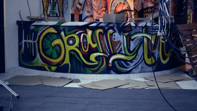 Junk and hanging electric cables left over in old degraded building by urban explorers venturing into abandoned structures. Property damage done by hooligans doing urbex, dolly in shot