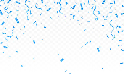 Blue confetti isolated on transparent background, celebration party background design with confetti and blue ribbons, Bright festive tinsel of blue color. Valentine’s Day, Birthday, Holiday, New Year,