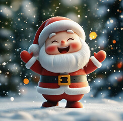 3D illustration of the cute Santa Claus character, he is smiling and happy in Christmas , the background is snow falling on trees