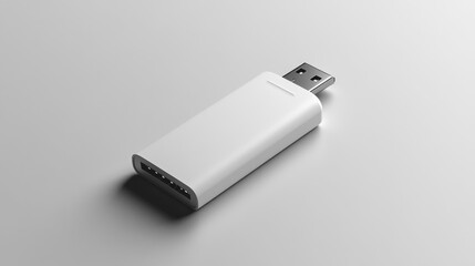 Minimalist white USB stick mockup on a white background perfect for showcasing tech branding or storage device design with a clean modern aesthetic.. Generative AI