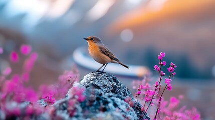 A stunning close-up of a bird perched on a flower with a distant view of a train winding through snowy mountains taken with a 600mm lens on a Sony A90.