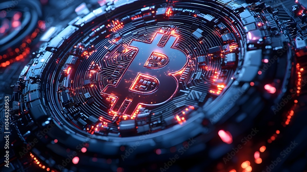 Poster sleek and modern alarm clock design with a network of blockchain technology and cryptocurrency eleme