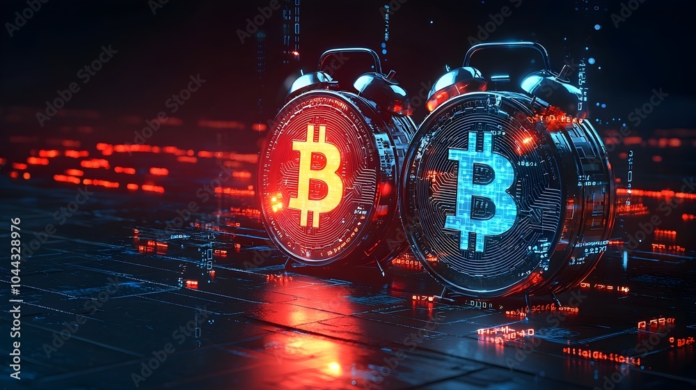 Poster sleek futuristic alarm clock design featuring a network of blockchain technology elements and glowin