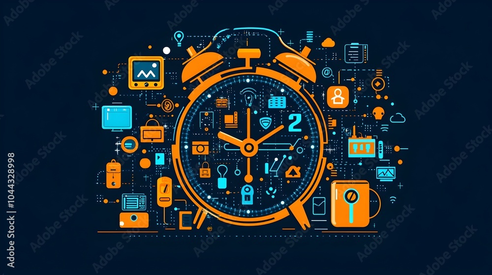 Poster depiction of a modern sleek alarm clock with interconnected technology elements inside representing 