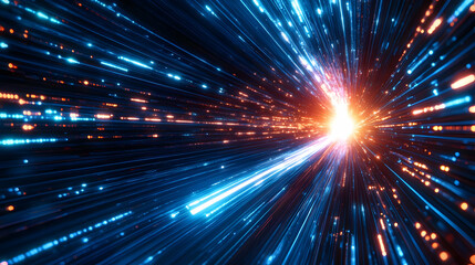 Fototapeta premium Abstract Blue and Orange Light Lines Converging Towards Bright Center, background, digital, glow, motion, pattern